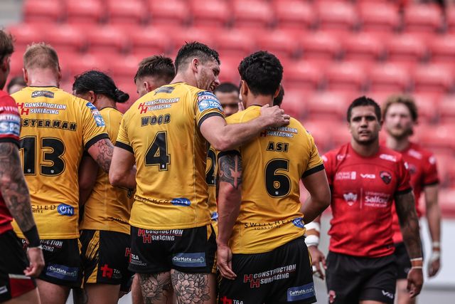 Daejarn Asi of Castleford Tigers celebrates his try during the Betfred Super League Round 18 match Salford Red Devils vs Castleford Tigers at Salford Community Stadium, Eccles, United Kingdom, 13th July 2025

(Photo by Alfie Cosgrove/News Images)