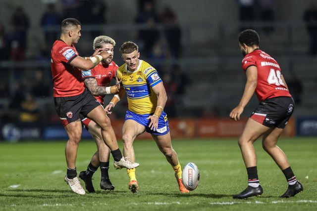 Ash Handley of Leeds Rhinos in action during the game during the Betfred Super League match Salford Red Devils vs Leeds Rhinos at Salford Community Stadium, Eccles, United Kingdom, 10th April 2025

(Photo by Alfie Cosgrove/News Images)