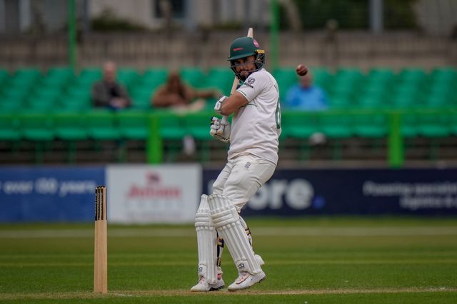 Jake Weatherald of Leicestershire hits the ball for four during the County Championship Division One day 3 Leicestershire vs Nottinghamshire at Grace Road, Leicester, United Kingdom on 03 May 2026

(Photo by Maynard Manyowa/News Images)