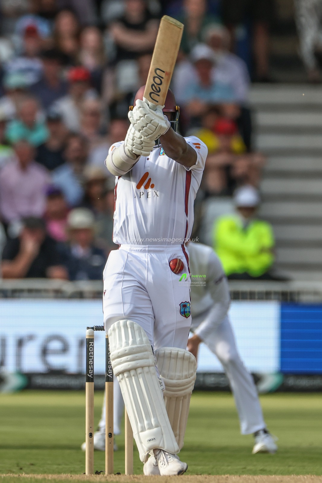 Jayden Seales of West Indies gets hit with the ball at the top of the thigh during the Rothesay Test Match day four match England vs West Indies at Trent Bridge, Nottingham, United Kingdom, 21st July 2024

(Photo by Mark Cosgrove/News Images)