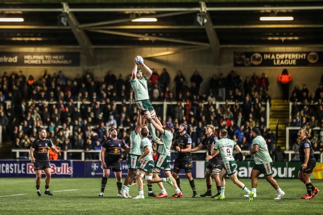 Harry Wells of Leicester Tigers jumps up to win the high ball during the Premiership Rugby Cup match Newcastle Red Bulls vs Leicester Tigers at Kingston Park, Newcastle, United Kingdom, 31st October 2025

(Photo by Alfie Cosgrove/News Images)

*** GER AUT SUI OUT ***