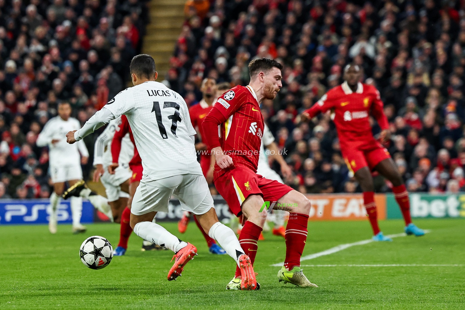 Lucas VÃ¡zquez of Real Madrid is fouled by Andy Robertson of Liverpool for a penalty during the UEFA Champions League, League Phase MD5 Liverpool v Real Madrid at Anfield, Liverpool, United Kingdom, 27th November 2024

(Photo by Mark Cosgrove/News Images)