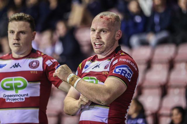 Liam Marshall of Wigan Warriors celebrates his try to make it 22-0 during the Betfred Super League Round 26 match Wigan Warriors vs Castleford Tigers at The Brick Community Stadium, Wigan, United Kingdom, 12th September 2025

(Photo by Alfie Cosgrove/News Images)