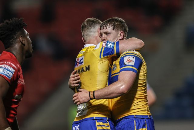 James McDonnell of Leeds Rhinos celebrates his try during the Betfred Super League match Salford Red Devils vs Leeds Rhinos at Salford Community Stadium, Eccles, United Kingdom, 10th April 2025

(Photo by Alfie Cosgrove/News Images)