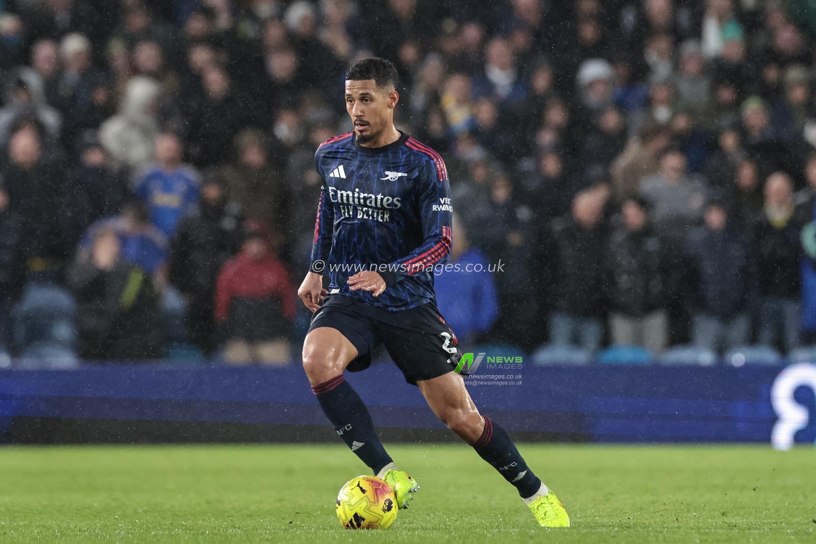 William Saliba of Arsenal with the ball during the Premier League match Leeds United vs Arsenal at Elland Road, Leeds, United Kingdom, 31st January 2026

(Photo by Mark Cosgrove/News Images)