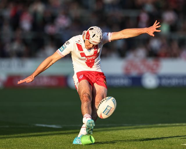 George Whitby of St. Helens converts for a goal during the Betfred Super League Round 11 match St Helens vs Catalans Dragons at Totally Wicked Stadium, St Helens, United Kingdom, 15th May 2025

(Photo by Mark Cosgrove/News Images)