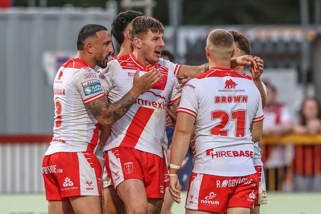 Tom Davies of Hull KR celebrates his try during the Betfred Super League round 16 match Hull KR vs Wakefield Trinity at Sewell Group Craven Park, Kingston upon Hull, United Kingdom, 27th June 2025

(Photo by Alfie Cosgrove/News Images)