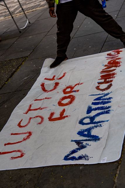 A banner asking for the release of William Martin Chinyanga, an activist jailed in the UK for terrorism offences is painted by UK-based Zimbabweans gather outside the Zimbabwe Embassy in London on 18 April 2026 to protest the Constitution of Zimbabwe Amendment (No. 3) Bill, which critics say would extend President Mnangagwa’s rule until 2030 and strip citizens of the direct vote for president.

(Photo by Maynard Manyowa/News Images)