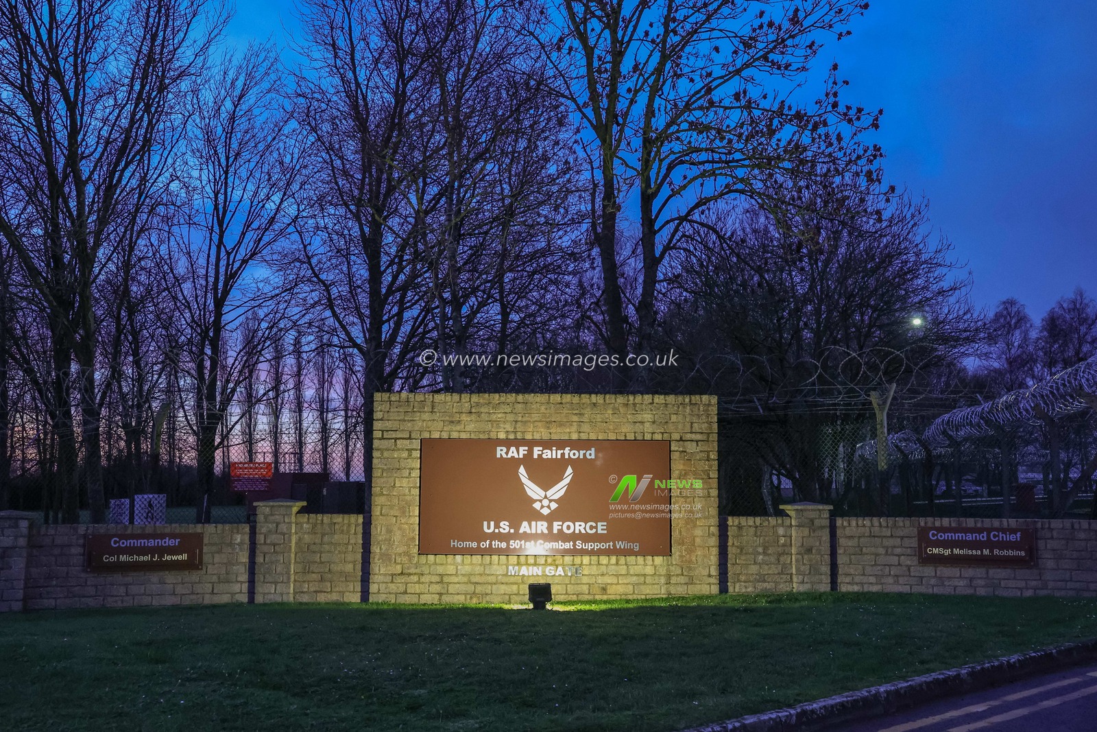 A general view of the main entrance to RAF Fairford, home of the U.S Air Force 501st Combat Support Wing during the RAF Fairford live feed at RAF Fairford, Fairford, United Kingdom on 02 March 2026

(Photo by Mark Cosgrove/News Images)