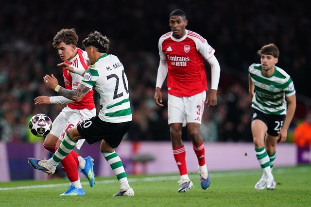 Max Dowman of Arsenal and Maximiliano Araujo of Sporting CP battle for ball during the UEFA Champions League Quarter Finals match Arsenal vs Sporting CP at Arsenal stadium, London, United Kingdom on 15 April 2026

(Photo by Harvey Murphy/News Images)