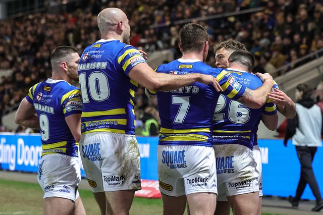 Cai Taylor-Wray of Warrington Wolves celebrates his try with team mates during the Betfred Super League Round 4 match York Knights vs Warrington Wolves at LNER Community Stadium, York, United Kingdom on 06 March 2026

(Photo by Mark Cosgrove/News Images)