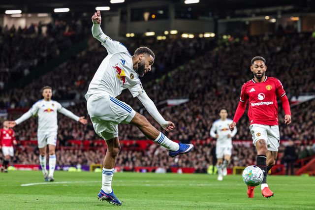 Jayden Bogle of Leeds United crosses the ball into the box during the Premier League match Manchester United vs Leeds United at Old Trafford, Manchester, United Kingdom on 13 April 2026

(Photo by Mark Cosgrove/News Images)